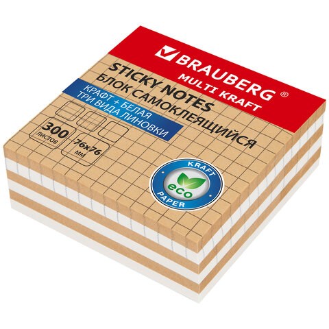 Блок самоклеящийся крафтовый (стикеры) BRAUBERG, MULTI KRAFT 76х76 мм, 300 листов, 115209 115209