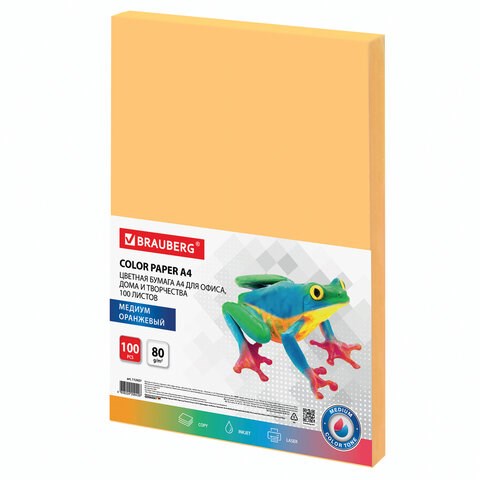 Бумага цветная BRAUBERG, А4, 80 г/м2, 100 л., медиум, оранжевая, для офисной техники, 112457 112457