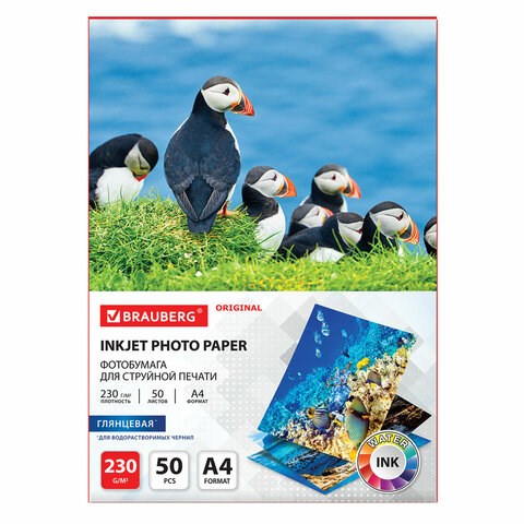 Фотобумага глянцевая, А4, 230 г/м2, односторонняя, 50 листов, BRAUBERG ORIGINAL, 363990 363990