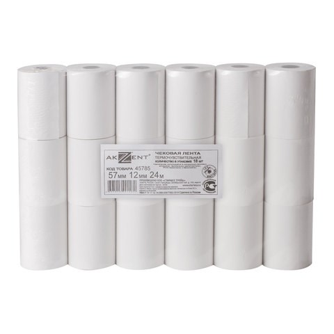 Чековая лента ТЕРМОБУМАГА 57 мм (диаметр 40 мм, длина 24 м, втулка 12 мм) КОМПЛЕКТ 18 шт., AKZENT 110368