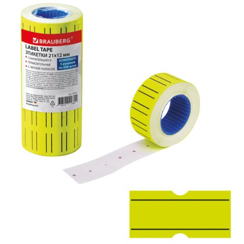 Этикет-лента 21х12 мм прямоугольная, желтая, с черной полосой, КОМПЛЕКТ 5 рулонов по 600 штук, BRAUBERG, 115511 115511