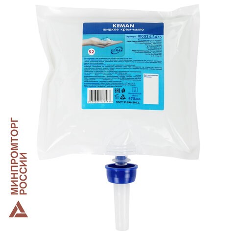 Картридж с жидким крем-мылом (Система S2) "Перламутровое", белое, 0,475 л, KEMAN, 100024-S475 607756
