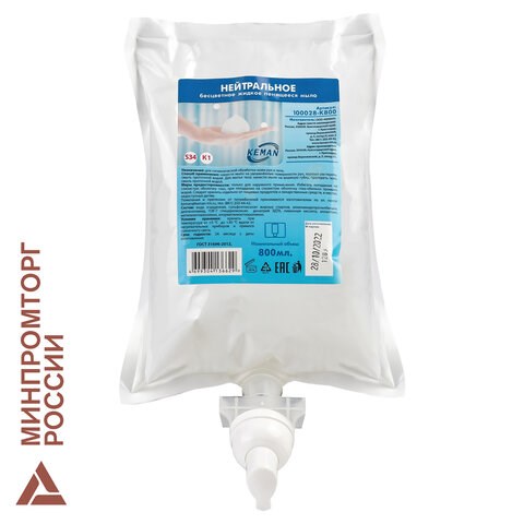 Картридж с жидким мылом-пеной одноразовый (Система S34), бесцветное, 0,8 л, KEMAN, 100028-K800, 100028-К800 608337
