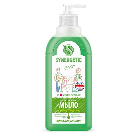 Мыло жидкое 500 мл SYNERGETIC "Луговые травы", гипоаллергенное, биоразлагаемое, дозатор, 105053 605552