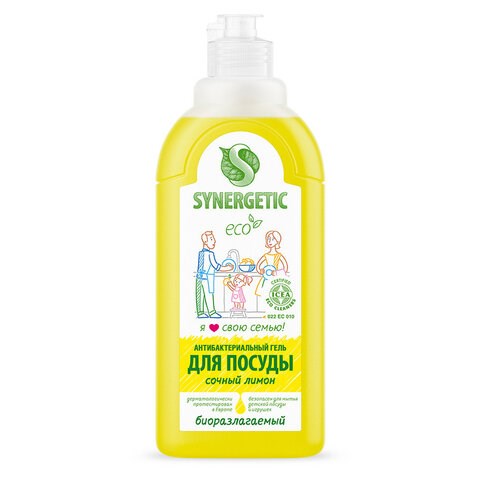 Гель для мытья посуды антибактериальный 500 мл, SYNERGETIC "Лимон", 103051 605558