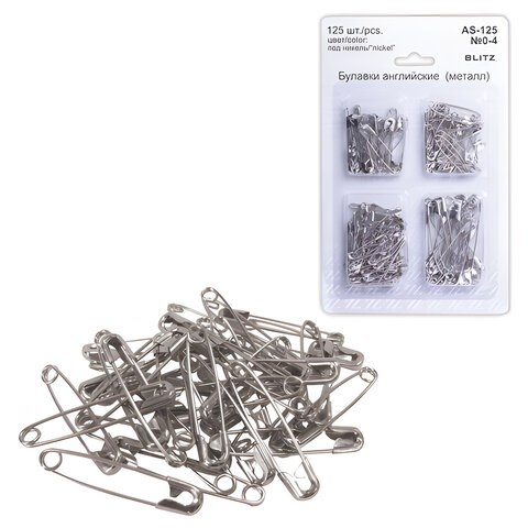 Булавки английские BLITZ, набор 125 шт., размер 0-4, никелированные, блистер, AS-125 224536