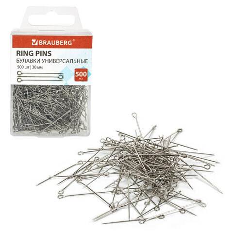 Булавки универсальные с головками-петельками BRAUBERG, 30 мм, 500 штук, в пластиковой коробке, 271319 271319