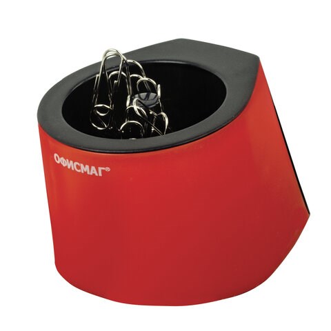 Скрепочница магнитная ОФИСМАГ с 30 скрепками, стильный корпус, красно-черная, 225192 225192