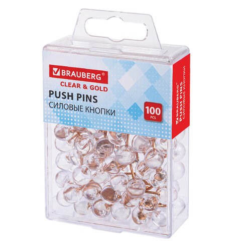 Силовые кнопки-гвоздики BRAUBERG CLEAR & GOLD, прозрачные с золотистым (шарики), 100 штук, 11 мм, 272760 272760