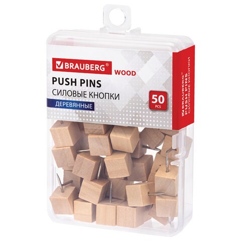 Силовые кнопки-гвоздики BRAUBERG WOOD, деревянные (кубики), 50 штук, 10 мм, 272762 272762
