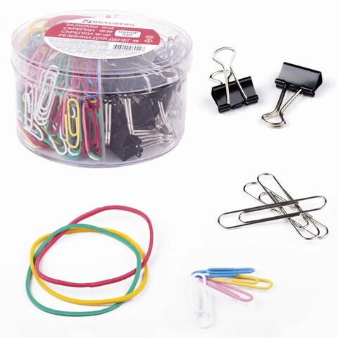 Набор BRAUBERG, зажимы 19 мм/15 шт., скрепки 28 мм/145 шт. и 50 мм/50 шт., резинки 40 шт., 223515 223515