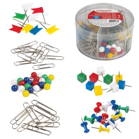 Набор ОФИСМАГ, скрепки 28 мм/60 шт., 50 мм/30 шт, гвоздики 50 шт., шарики, кубики, флажки по 20 шт., цилиндр, 226256 226256
