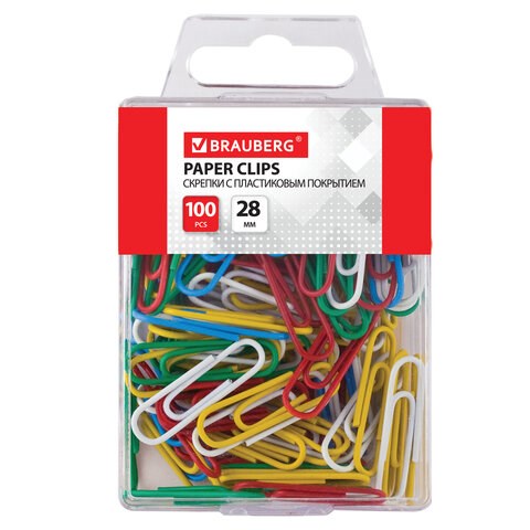 Скрепки BRAUBERG, 28 мм, цветные, 100 шт., в пластиковой коробке, 221111 221111
