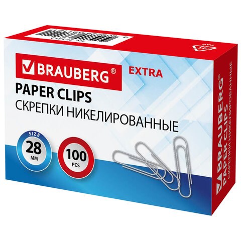 Скрепки EXTRA BRAUBERG 28 мм никелированные 100 штук, 271312 271312
