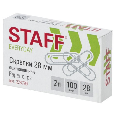 Скрепки STAFF "EVERYDAY", 28 мм, оцинкованные, 100 шт., в картонной коробке, Россия, 224799 224799