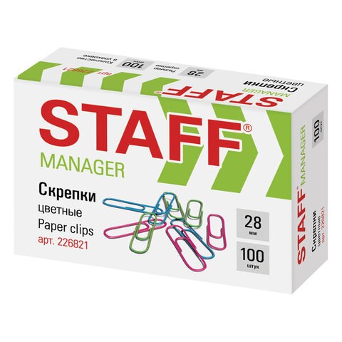 Скрепки STAFF "Manager", 28 мм, цветные, 100 шт., в картонной коробке, 226821 226821