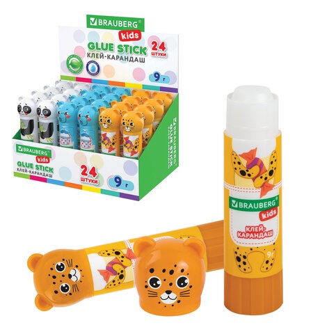 Клей-карандаш "Зверята: панда, слон, леопард", 9 г, фигурный колпачок, BRAUBERG KIDS, 271139 271139