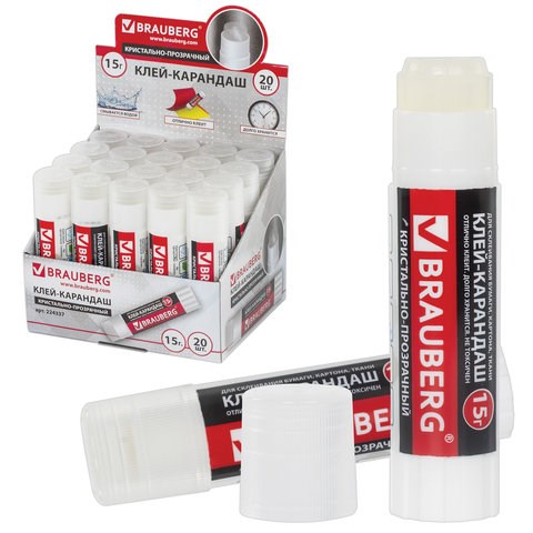 Клей-карандаш BRAUBERG "Crystal", 15 г, прозрачный, 224337 224337