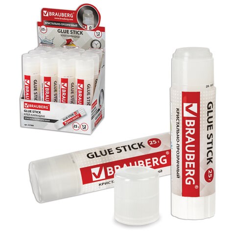 Клей-карандаш BRAUBERG "Crystal", 25 г, прозрачный, 227968, PVP 227968