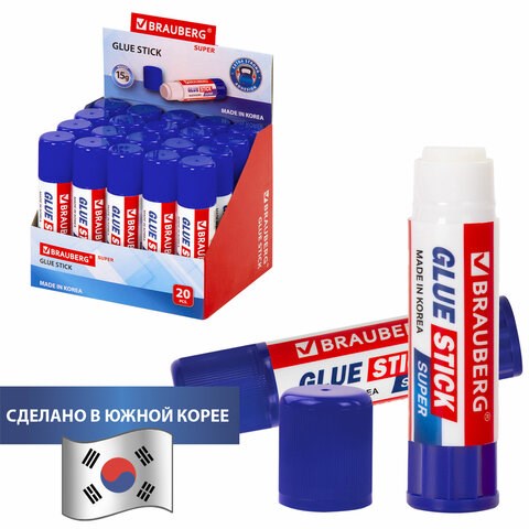 Клей-карандаш BRAUBERG SUPER, 15 г, ЮЖНАЯ КОРЕЯ, 229541 229541