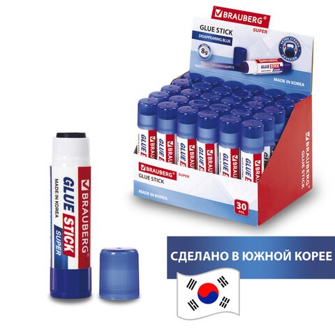 Клей-карандаш BRAUBERG SUPER, 8 г, обесцвечивающийся после высыхания, ЮЖНАЯ КОРЕЯ, 229544 229544