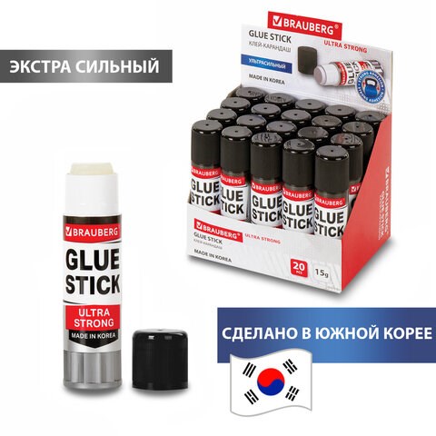 Клей-карандаш BRAUBERG ULTRA STRONG, УСИЛЕННАЯ ФОРМУЛА, 15 г, ЮЖНАЯ КОРЕЯ, 229545 229545