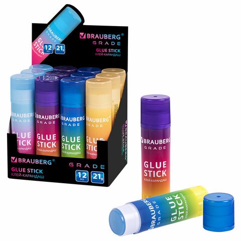 Клей-карандаш в градиентном корпусе BRAUBERG "Grade", 21 г, PVP-основа, ассорти, 271247 271247