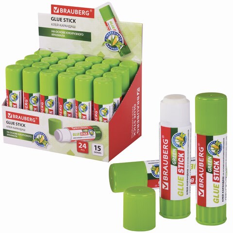 Клей-карандаш на натуральной основе BRAUBERG GREEN, 15 г, 270437 270437