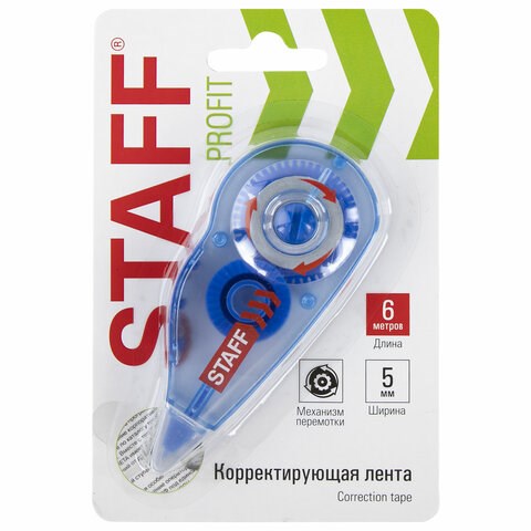 Корректирующая лента STAFF PROFIT, 5 мм х 6 м, механизм перемотки, корпус голубой, блистер, европодвес, 271254 271254