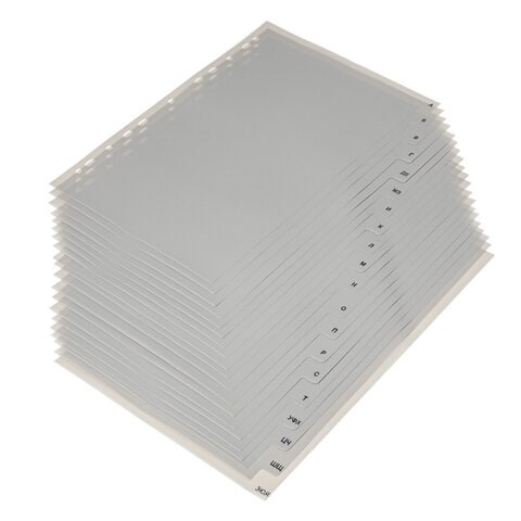 Разделитель пластиковый BRAUBERG, А4, 20 листов, алфавитный А-Я, оглавление, серый, РОССИЯ, 225601 225601