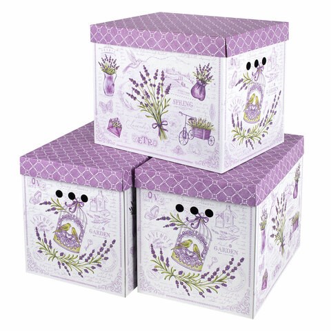 Короб для хранения из плотного микрогофрокартона 380х280х315 мм, КОМПЛЕКТ 3 шт., BRAUBERG HOME "Лаванда", 271821 271821