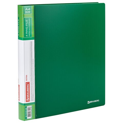 Папка на 4 кольцах, ширина 25 мм, BRAUBERG EXTRA, до 170 листов, ЗЕЛЕНАЯ, 0,7 мм, 270546 270546