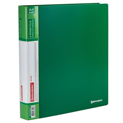 Папка на 4 кольцах, ширина 40 мм, BRAUBERG EXTRA, до 300 листов, ЗЕЛЕНАЯ, 0,8 мм, 270550 270550