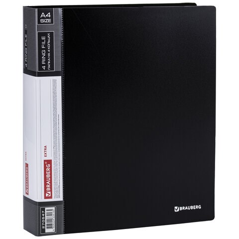 Папка на 4 кольцах, ширина 40 мм, BRAUBERG EXTRA, до 300 листов, ЧЕРНАЯ, 0,8 мм, 270547 270547