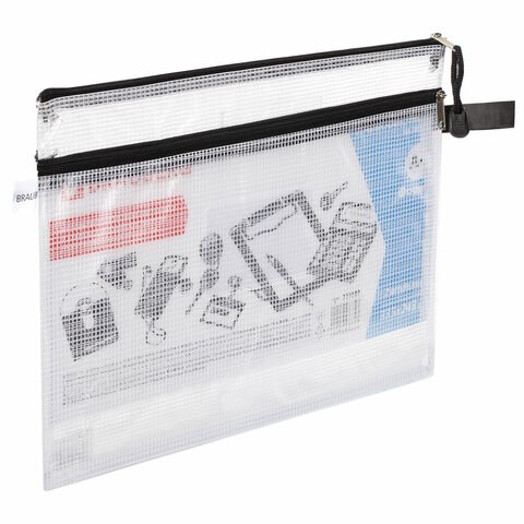 Папка-конверт на молнии А4 (335х243 мм), 2 отделения, ПВХ, прозрачная, 0,3 мм, BRAUBERG "Solid", 223889 223889