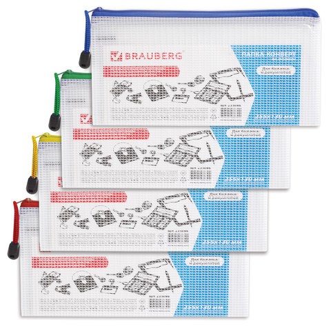 Папка-конверт на молнии МАЛЫЙ ФОРМАТ (255х130 мм), молния ассорти, сетка, прозрачная, 0,2 мм, BRAUBERG "Segment", 223888 223888