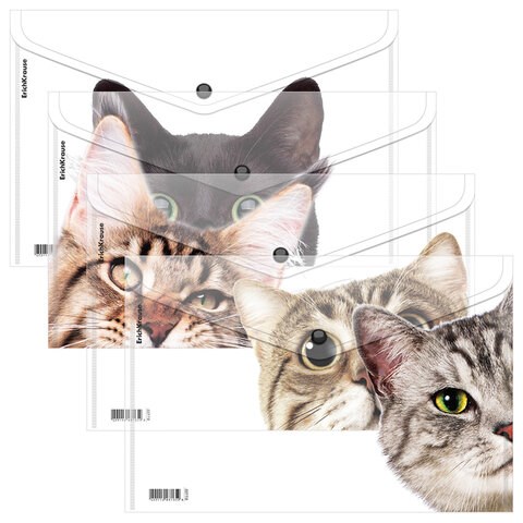 Папка-конверт на кнопке пластиковая ERICH KRAUSE "Hiding Cats", A4, ассорти, 61155 272656