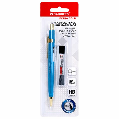 Карандаш механический 0,5 мм + грифели HB 12 штук на блистере, BRAUBERG EXTRA GOLD, корпус SOFT TOUCH, ластик, 181964 181964