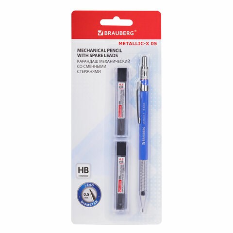 Карандаш механический 0,5 мм + грифели HB 24 штуки на блистере, BRAUBERG "METALLIC-X 05", металлические детали, 181965 181965
