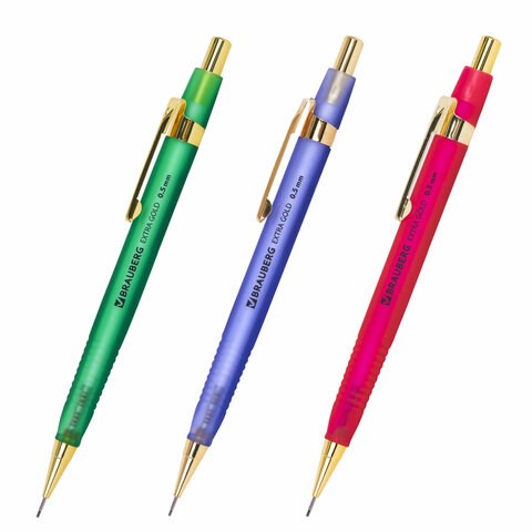 Карандаш механический 0,5 мм, HB, BRAUBERG EXTRA GOLD, ластик, корпус SOFT TOUCH, ассорти, 181963 181963