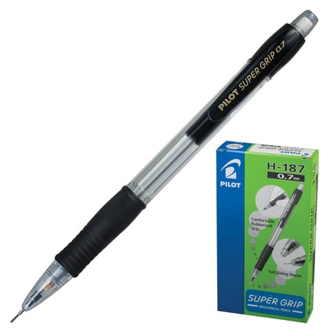 Карандаш механический 0,7 мм, PILOT H-187 "Super Grip", ластик, резиновый грип, корпус черный, H-187-SL, Н-187 180981