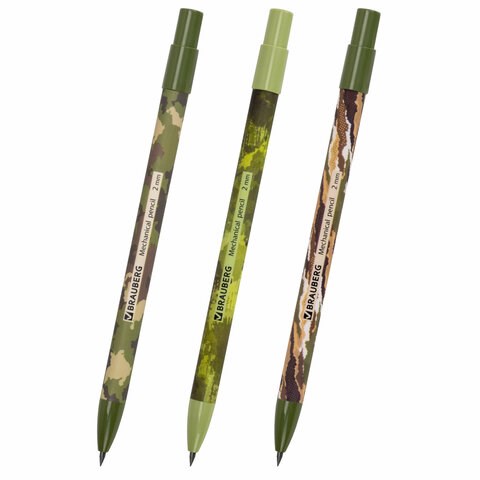 Карандаш механический цанговый 2 мм, BRAUBERG PRINT MILITARY, HB, встроенная точилка, корпус ассорти, 181962 181962