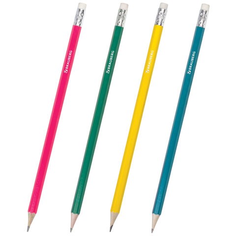 Карандаш чернографитный BRAUBERG, 1 шт., "Fluor", НВ, с ластиком, корпус неоновый ассорти, заточенный, 180613 180613