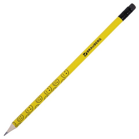 Карандаш чернографитный BRAUBERG, 1 шт., "Смайлики", НВ, c ластиком, корпус желтый, заточенный, 180654 180654