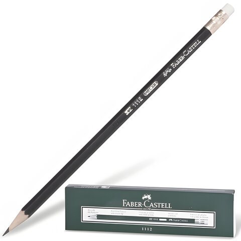 Карандаш чернографитный FABER-CASTELL, 1 шт., "1112", НВ, с ластиком, корпус черный, 111200 180379