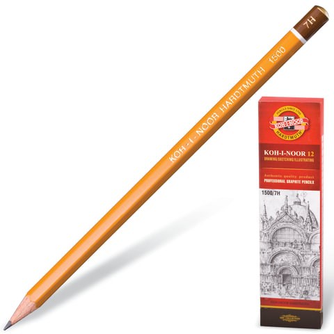 Карандаш чернографитный KOH-I-NOOR 1500, 1 шт., 7H, корпус желтый, заточенный, 150007H01170 180485