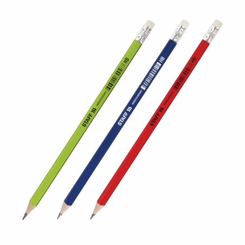 Карандаш чернографитный STAFF "Basic" BLP-744, 1 шт., НВ, с ластиком, пластик, корпус ассорти, 181744 181744