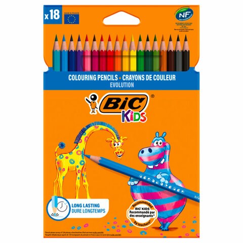 Карандаши цветные BIC "Kids ECOlutions Evolution", 18 цветов, пластиковые, заточенные, европодвес, 937513 181124
