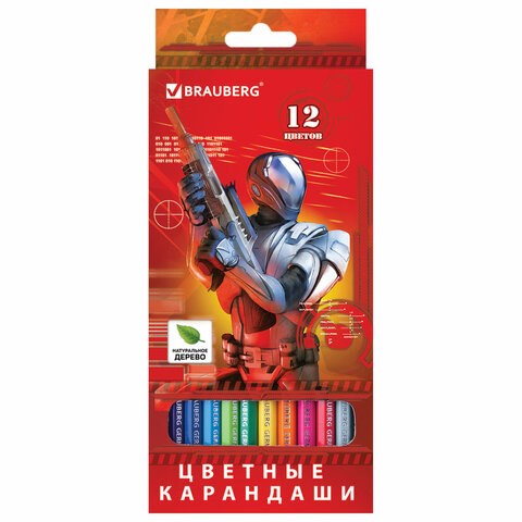 Карандаши цветные BRAUBERG "Star Patrol", 12 цветов, шестигранные, грифель 3 мм, натуральное дерево, 180532 180532