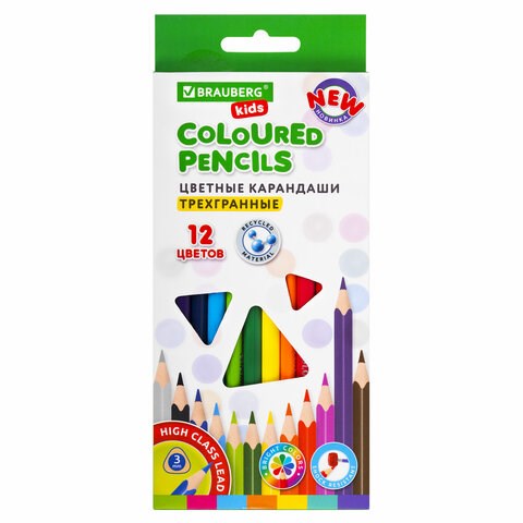 Карандаши цветные BRAUBERG KIDS NEW, 12 цветов, трехгранные, грифель 3 мм, 182001 182001